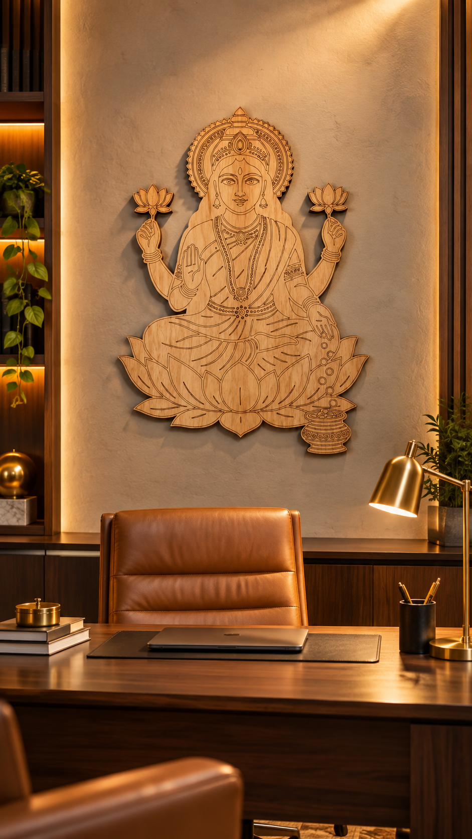 Maa Lakshmi Wooden Wall Art – Premium Laminated MDF Goddess Lakshmi with Lotus, Blessing Hand & Kalash