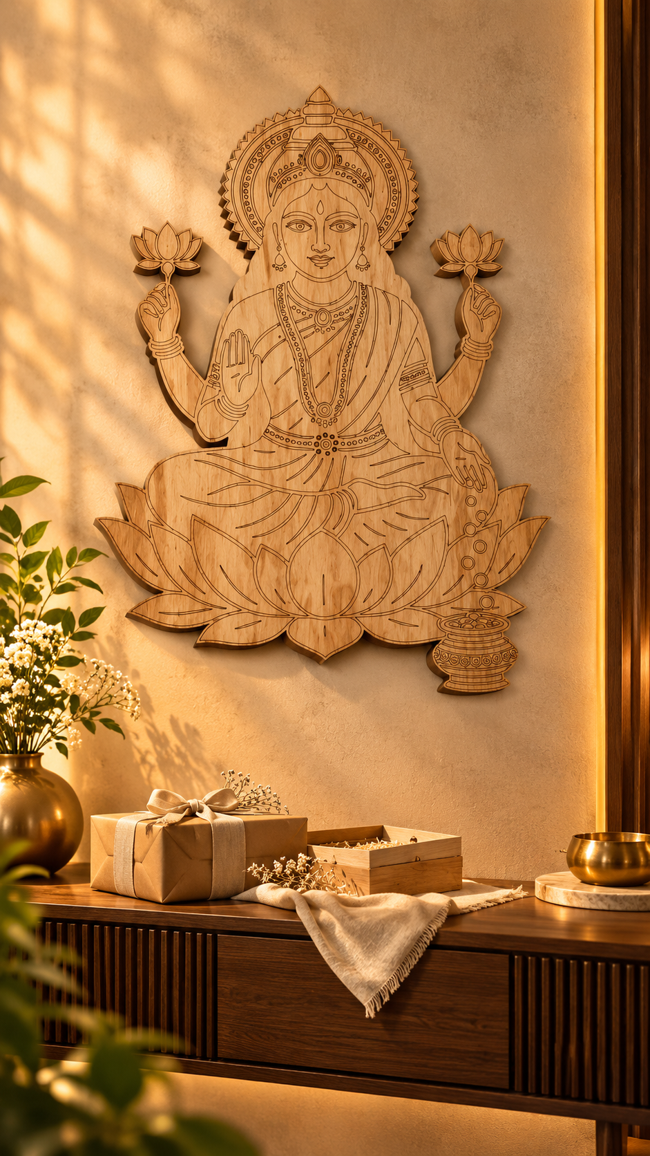 Maa Lakshmi Wooden Wall Art – Premium Laminated MDF Goddess Lakshmi with Lotus, Blessing Hand & Kalash