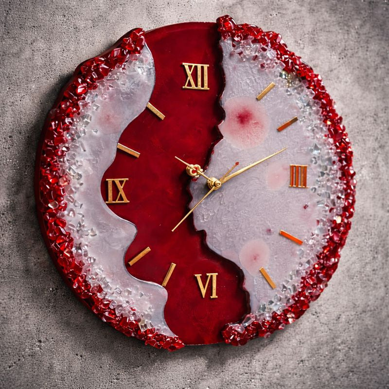 Luxury 3-Part Geode Resin Wall Clock – Dark Pink & White, 12 Inch