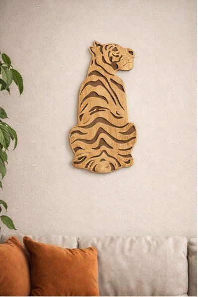 Wooden tiger wall art in various home settings