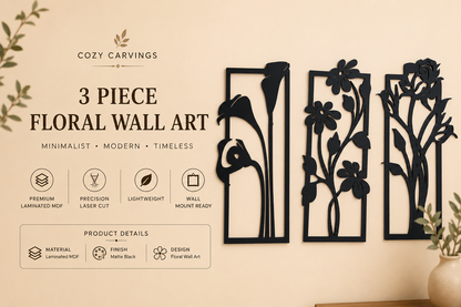 Cozy Carvings 3-Piece Floral Wall Art | Premium Laminated MDF Decorative Wall Hanging | Modern Flower Wall Décor