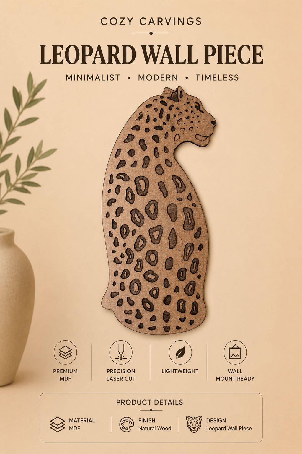 Artistic Wooden Leopard Wall Piece – Laser Engraved Animal Decor