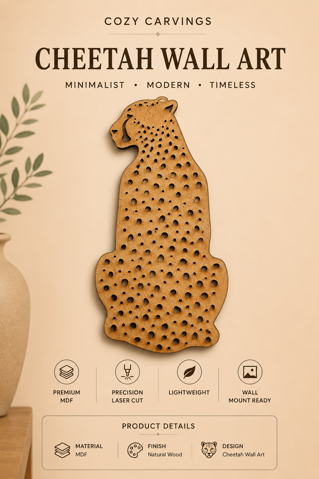 Wooden Cheetah Wall Art – Spotted Pattern, Natural Finish