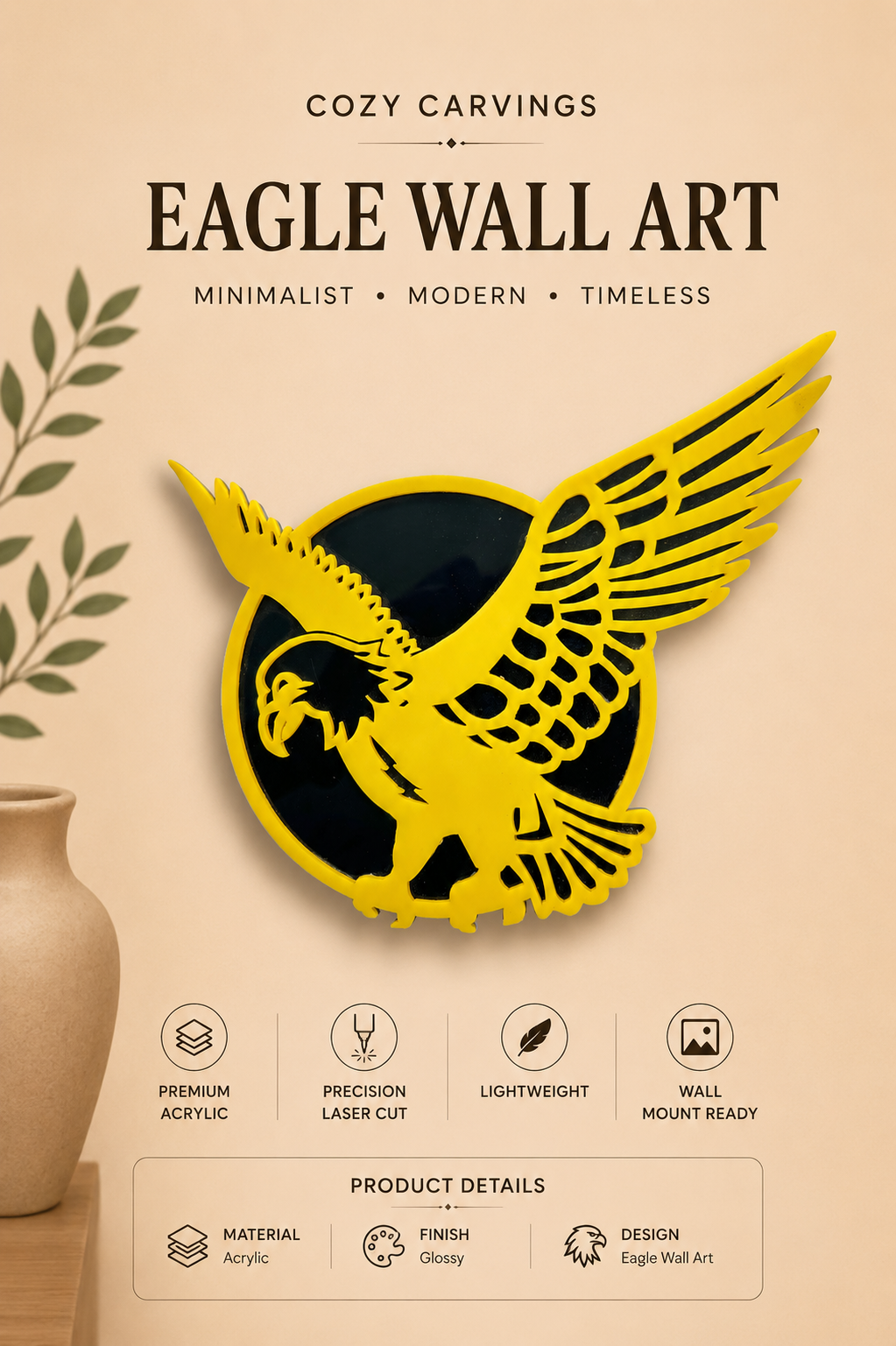 Eagle Wall Art – Yellow & Black Acrylic Cut-Out Design