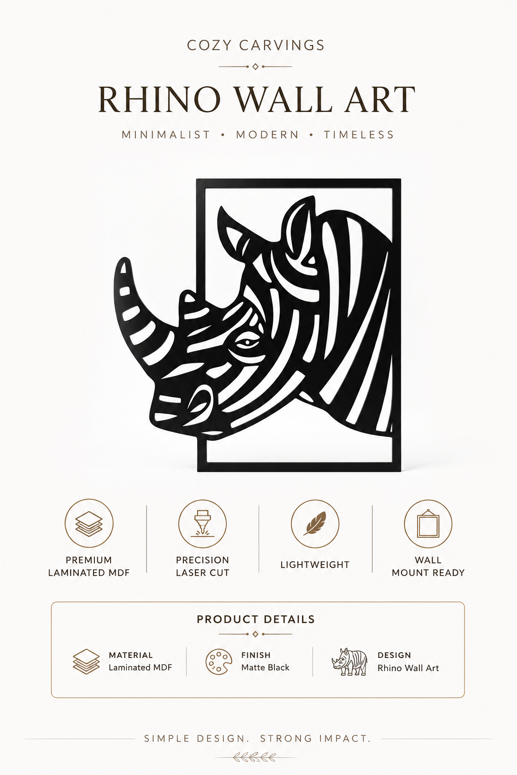 Minimalist Rhino Wall Decor | Premium Laminated MDF Wall Art | Living Room Decoration