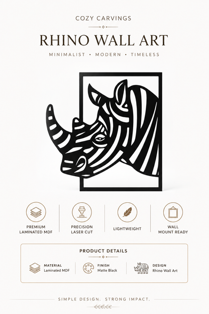Minimalist Rhino Wall Decor | Premium Laminated MDF Wall Art | Living Room Decoration