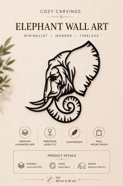 Majestic Elephant Wooden Wall Art – Premium Laminated MDF Decorative Wall Hanging (42 x 40 cm)