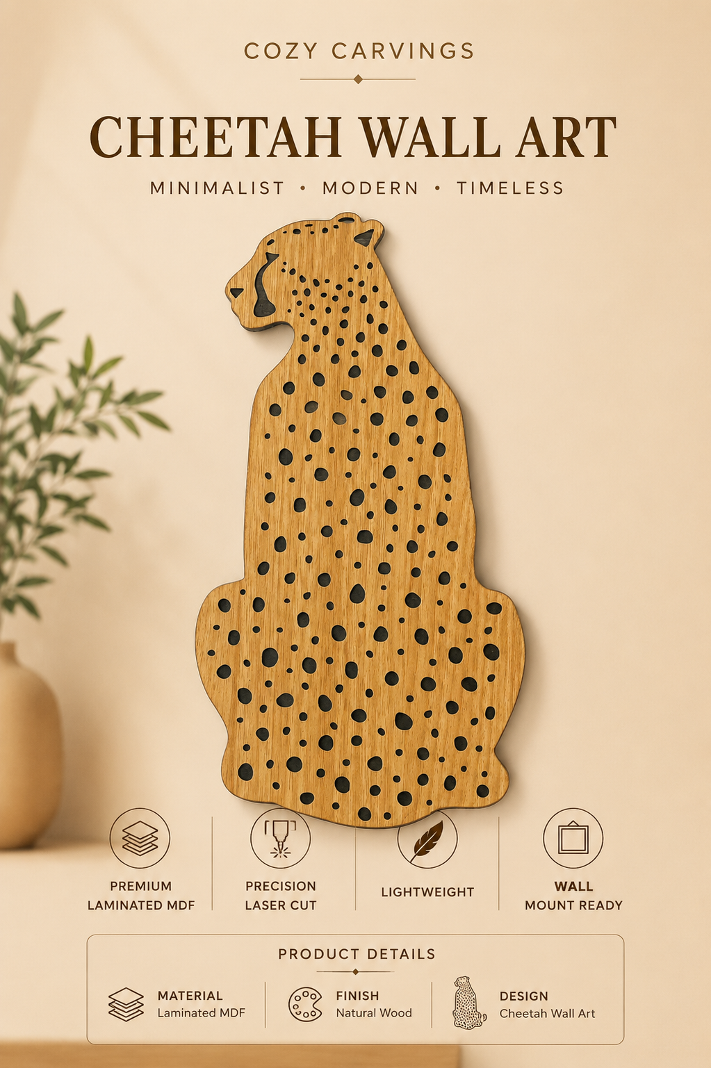Laminated MDF Decorative Wooden Cheetah Wall Art – Spotted Pattern | Natural Wood Finish | Laminated MDF