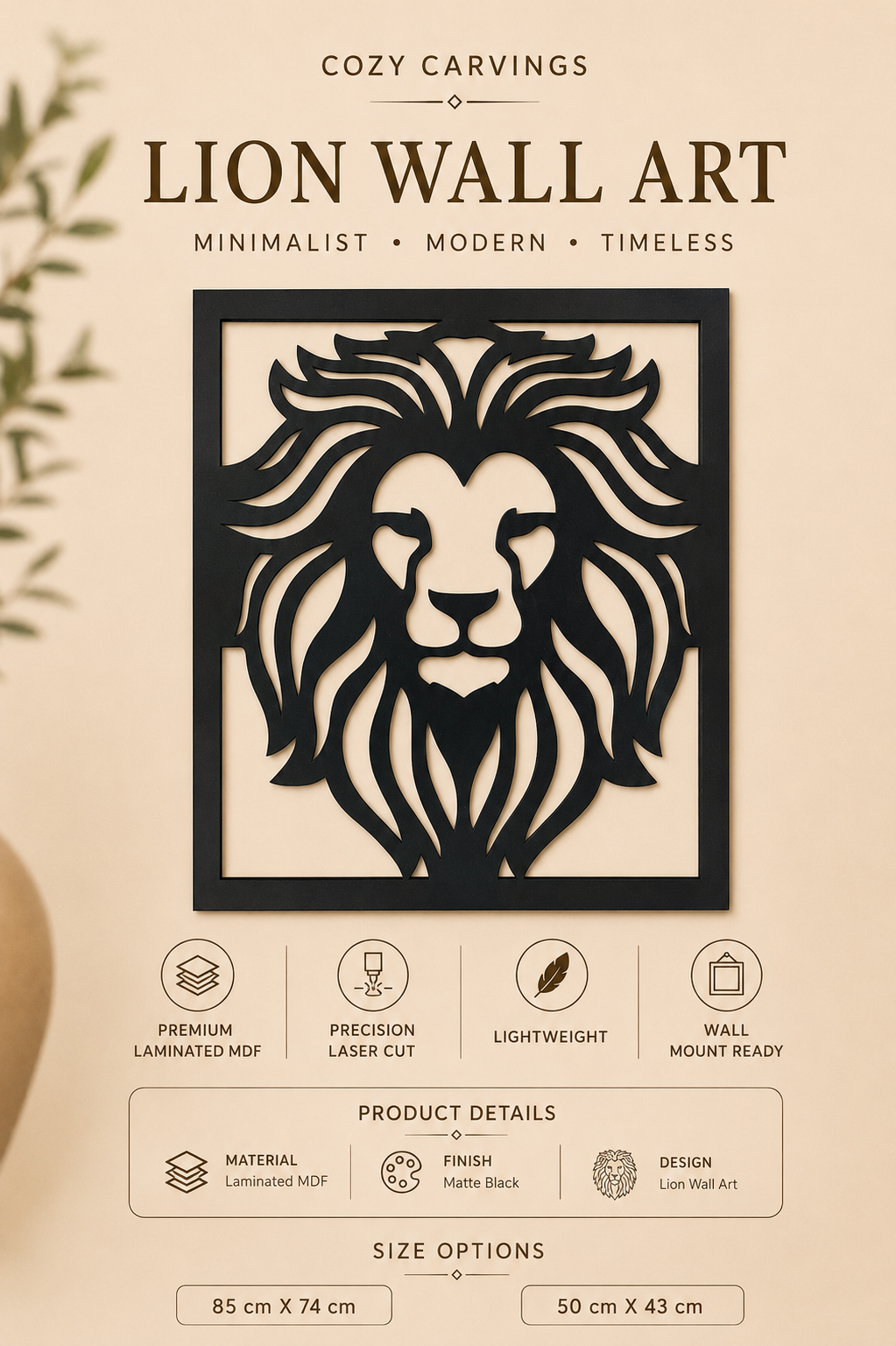 Majestic Lion Wooden Wall Art – Large Framed Statement Décor | CNC Laser Cut | Premium MDF