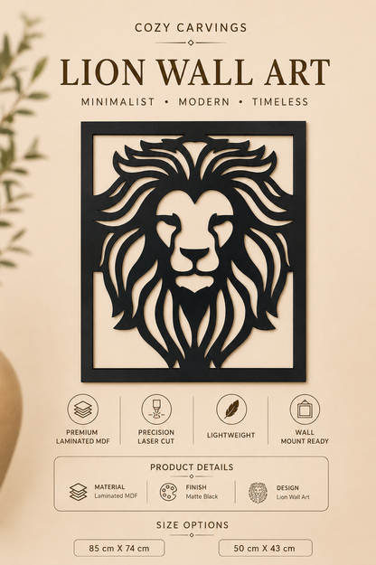 Majestic Lion Wooden Wall Art – Large Framed Statement Décor | CNC Laser Cut | Premium MDF