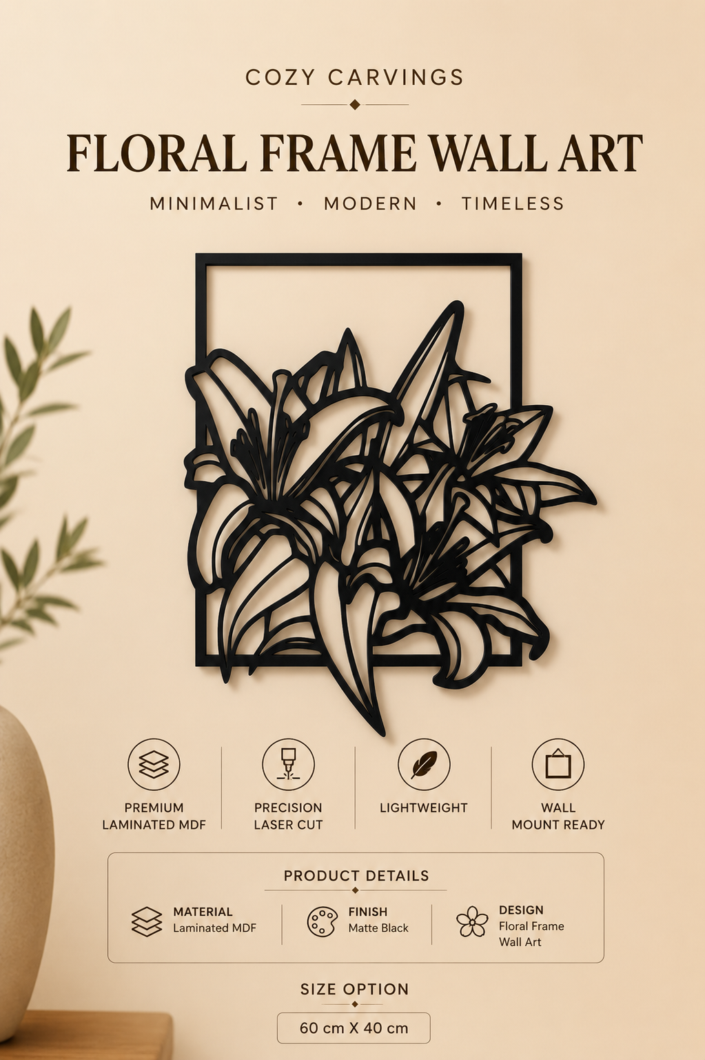 Modern Floral Frame Wooden Wall Art – Premium Laminated MDF Botanical Wall Hanging (60 x 40 cm)
