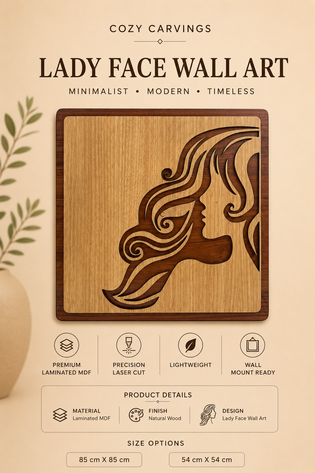 Luxury Wooden Lady Face Wall Art – Large Square Panel | CNC Laser Cut | Premium MDF Décor