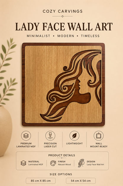 Luxury Wooden Lady Face Wall Art – Large Square Panel | CNC Laser Cut | Premium MDF Décor