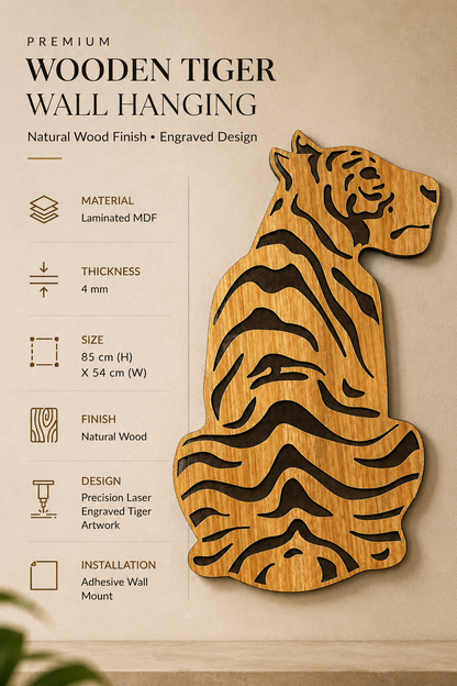 Laminated MDF - Premium Wooden Tiger Wall Hanging – Engraved Stripe Design | Natural Wood Finish