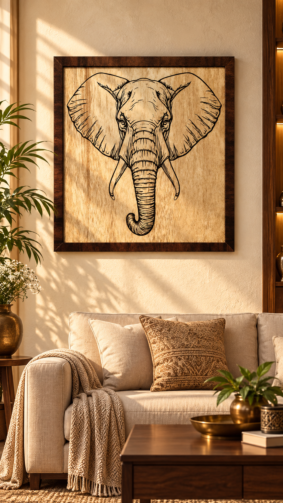 Majestic Elephant Wooden Wall Art – Premium Laminated MDF Framed Elephant Décor | 4 mm | Cozy Carvings