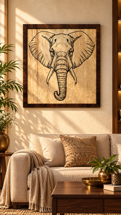 Majestic Elephant Wooden Wall Art – Premium Laminated MDF Framed Elephant Décor | 4 mm | Cozy Carvings