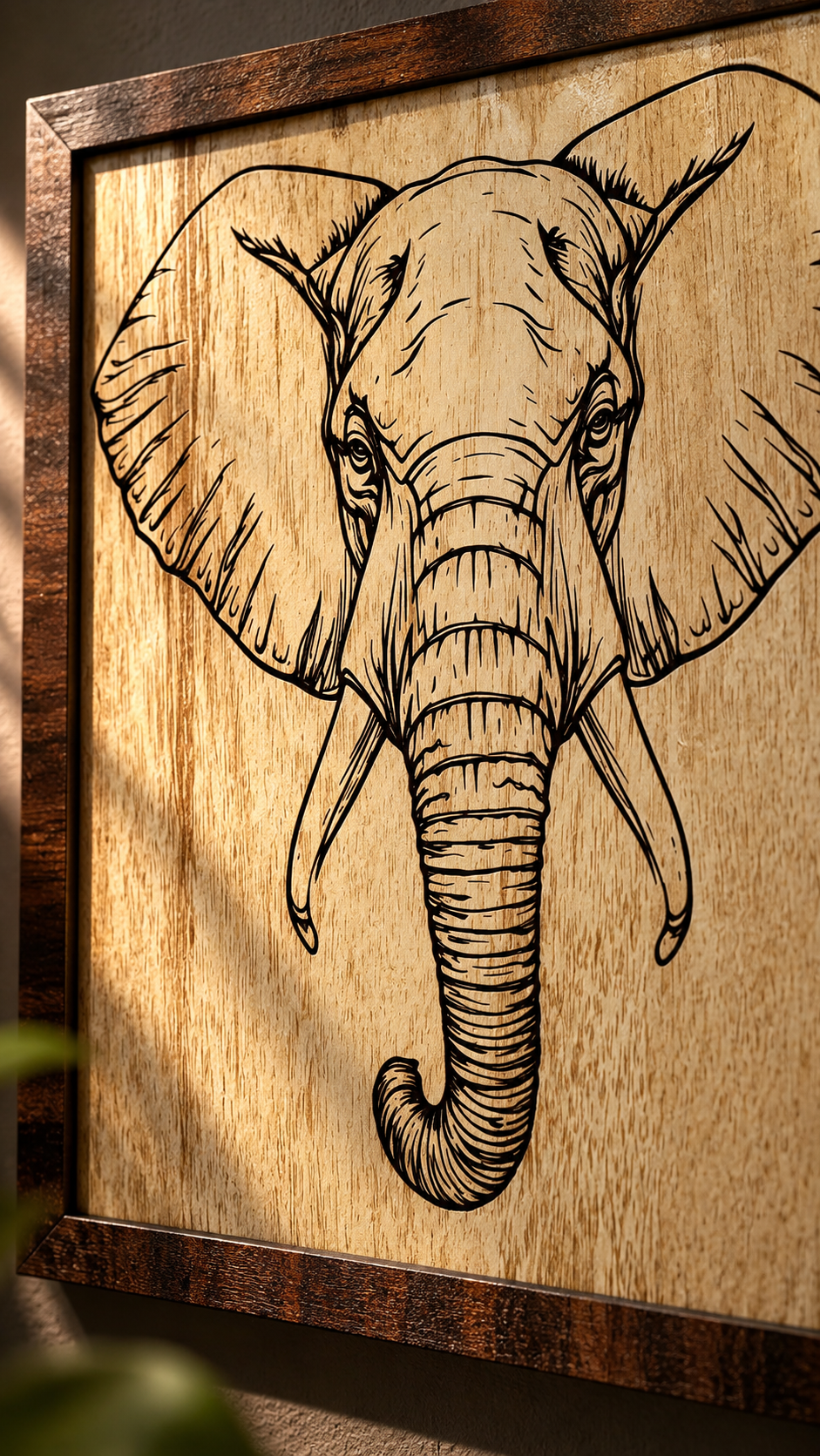 Majestic Elephant Wooden Wall Art – Premium Laminated MDF Framed Elephant Décor | 4 mm | Cozy Carvings
