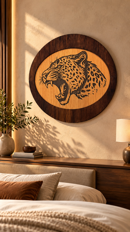 Roaring Leopard Wooden Wall Art – Premium Laminated MDF Engraved Wildlife Décor | Cozy Carvings
