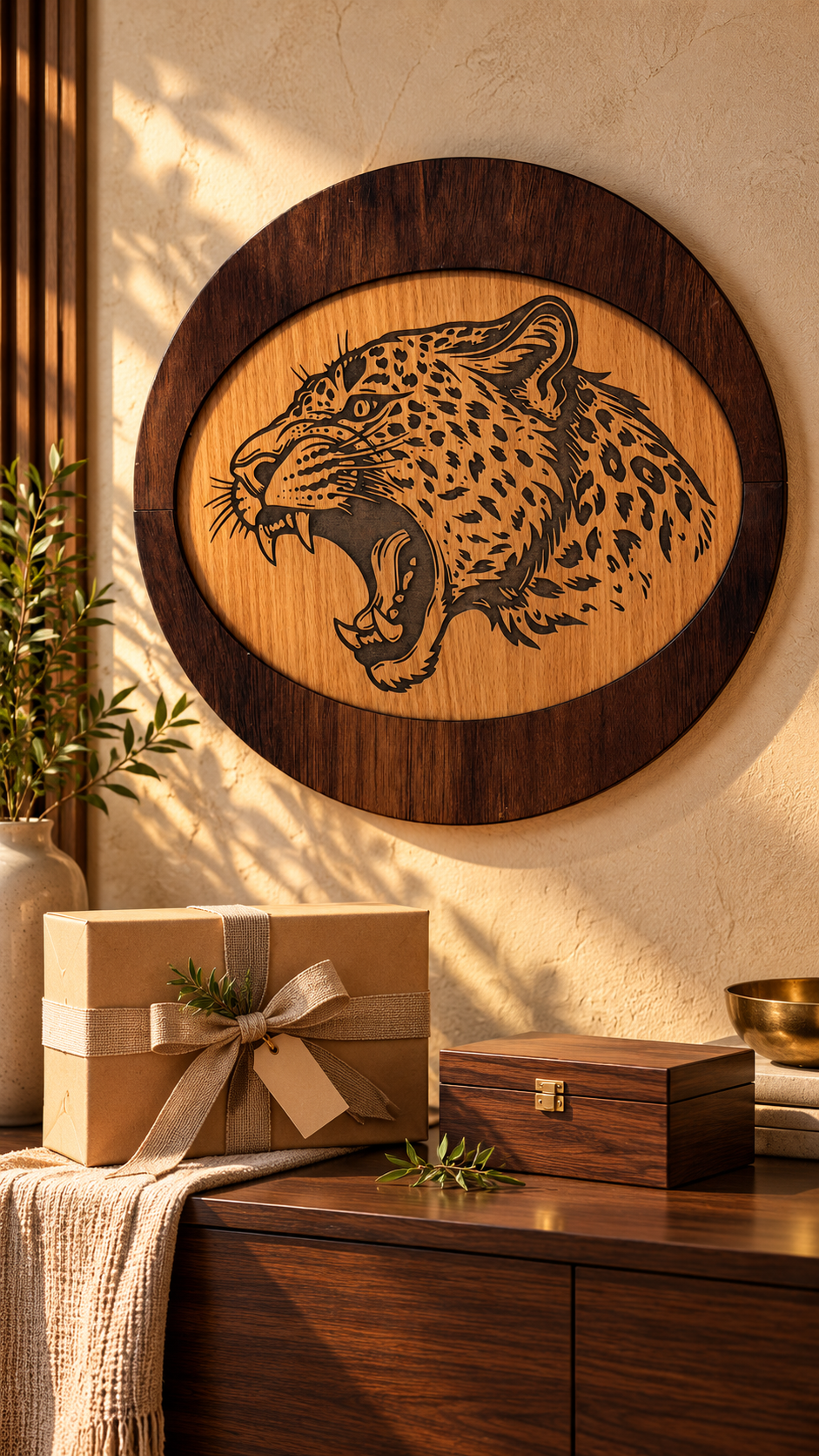 Roaring Leopard Wooden Wall Art – Premium Laminated MDF Engraved Wildlife Décor | Cozy Carvings