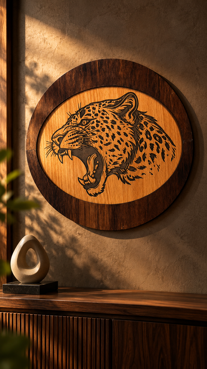 Roaring Leopard Wooden Wall Art – Premium Laminated MDF Engraved Wildlife Décor | Cozy Carvings