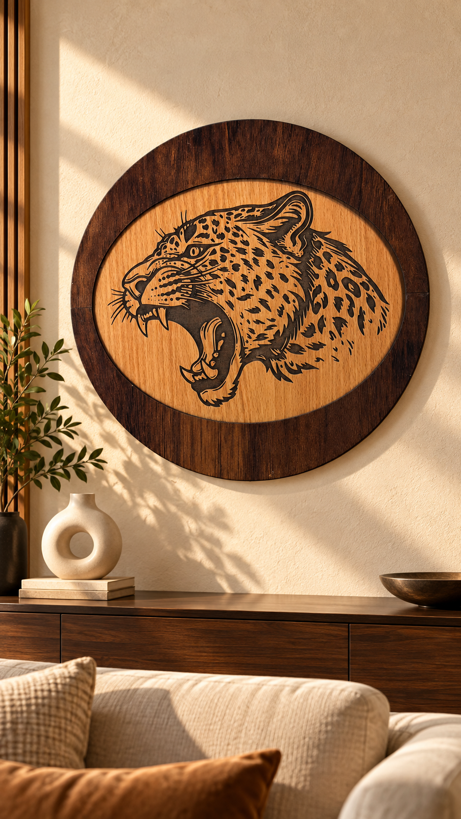 Roaring Leopard Wooden Wall Art – Premium Laminated MDF Engraved Wildlife Décor | Cozy Carvings