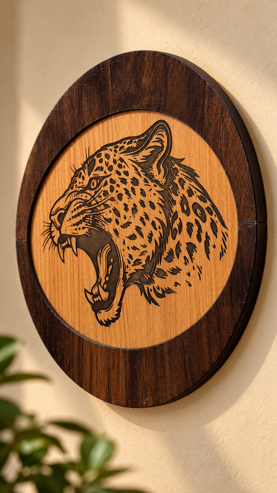 Roaring Leopard Wooden Wall Art – Premium Laminated MDF Engraved Wildlife Décor | Cozy Carvings