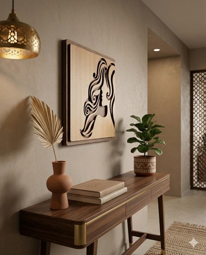 Luxury Wooden Lady Face Wall Art – Large Square Panel | CNC Laser Cut | Premium MDF Décor