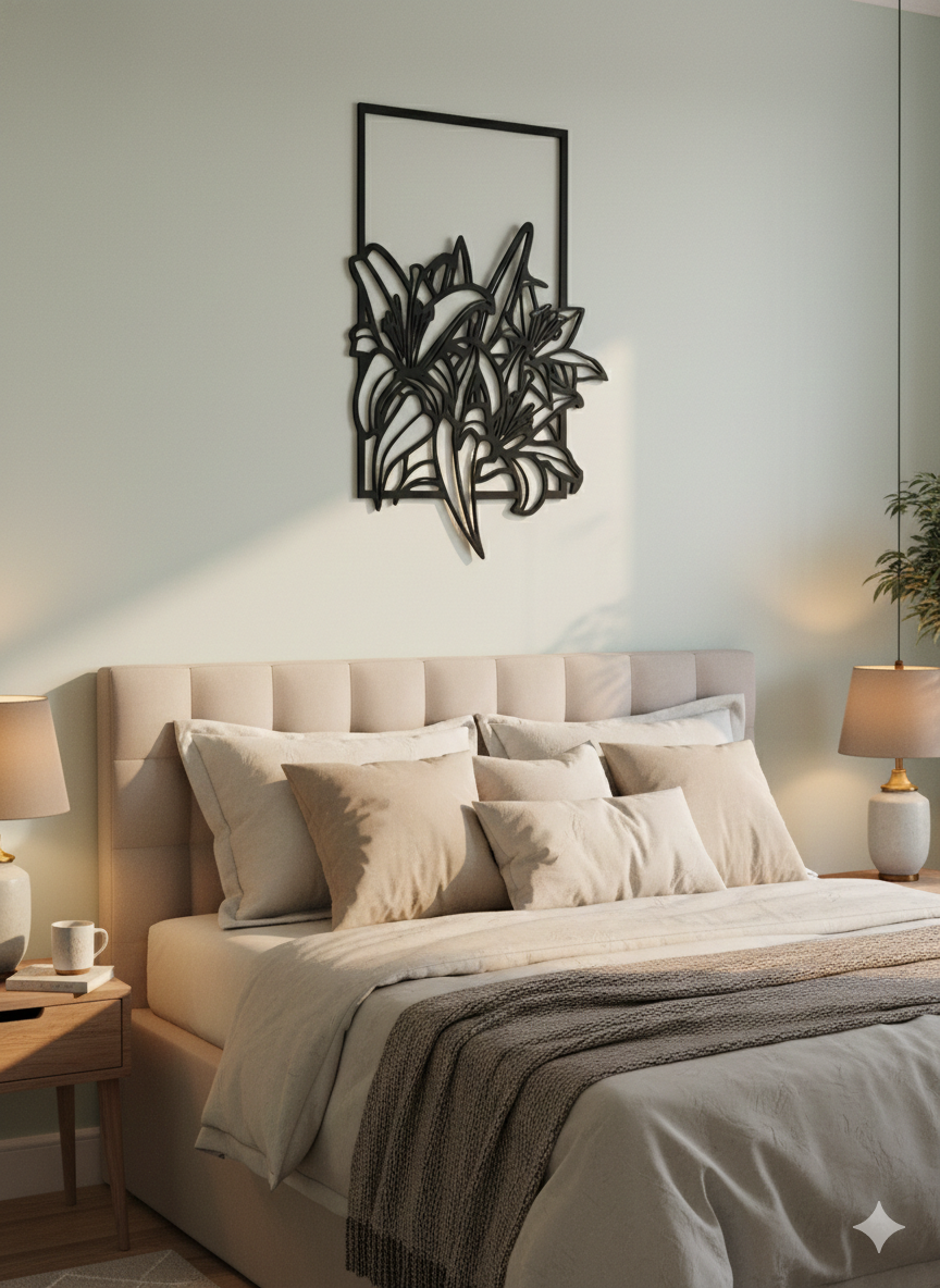 Neatly made bed with pillows and a decorative wall art piece above it in a bedroom setting.