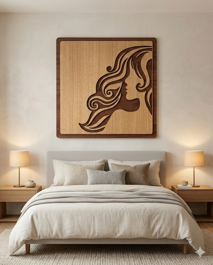 Luxury Wooden Lady Face Wall Art – Large Square Panel | CNC Laser Cut | Premium MDF Décor