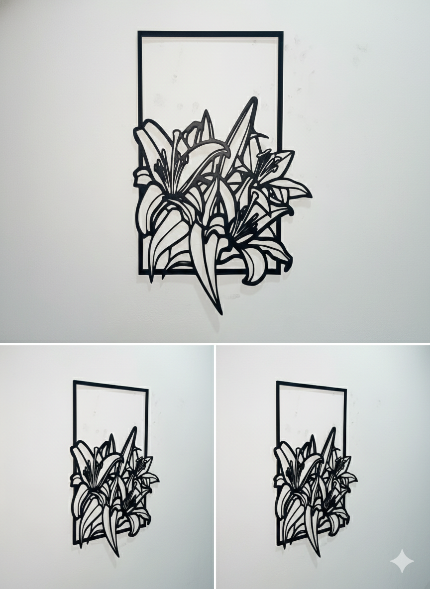 Black floral wall art in a square frame on a light gray background