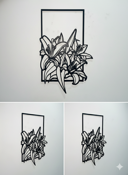 Black floral wall art in a square frame on a light gray background