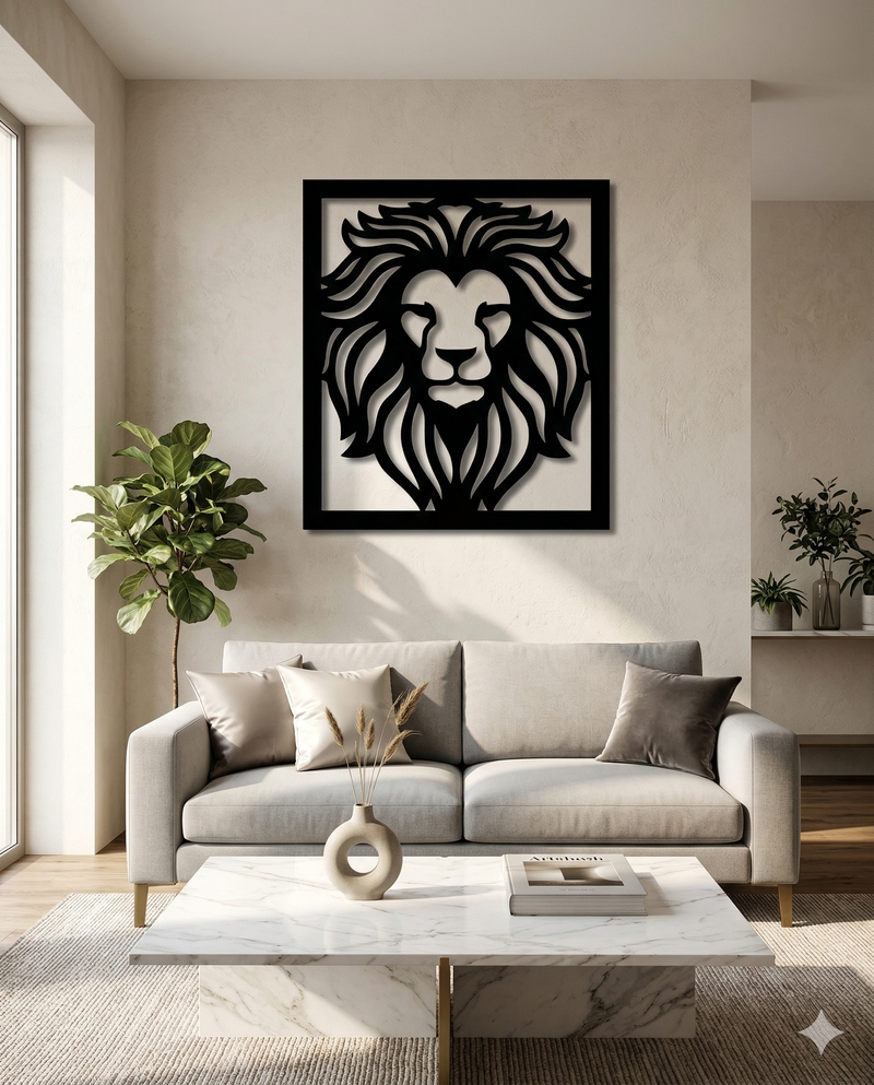 Majestic Lion Wooden Wall Art – Large Framed Statement Décor | CNC Laser Cut | Premium MDF (85 × 74 cm)