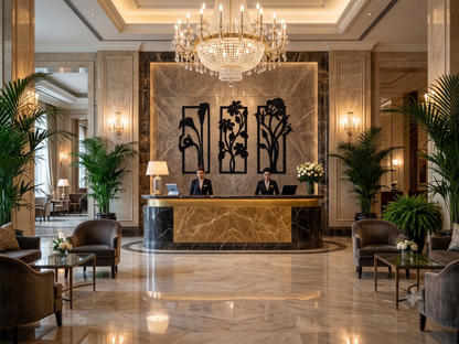Luxurious hotel lobby with marble reception desk and decorative elements