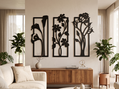 Cozy Carvings 3-Piece Floral Wall Art | Premium Laminated MDF Decorative Wall Hanging | Modern Flower Wall Décor