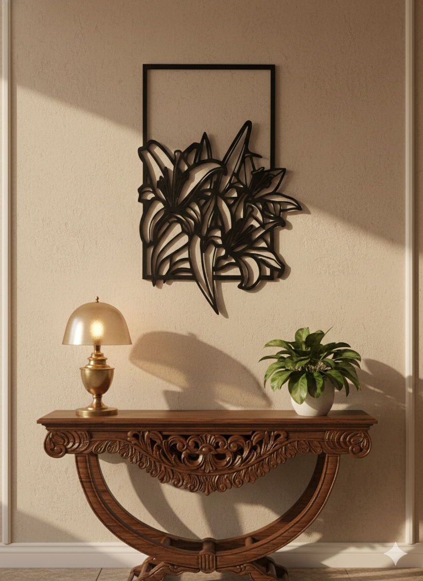 Decorative wall art above a wooden console table with a lamp and plant.