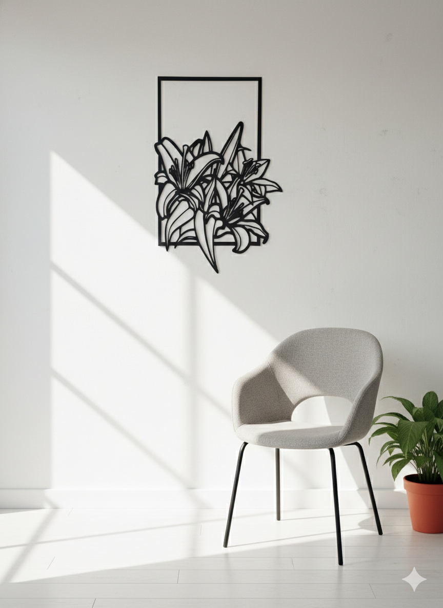 Decorative metal wall art of leaves on a white wall with a chair and plant in the foreground.