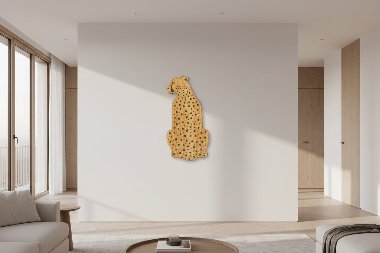 Wooden cutout of a cheetah shape on a living room