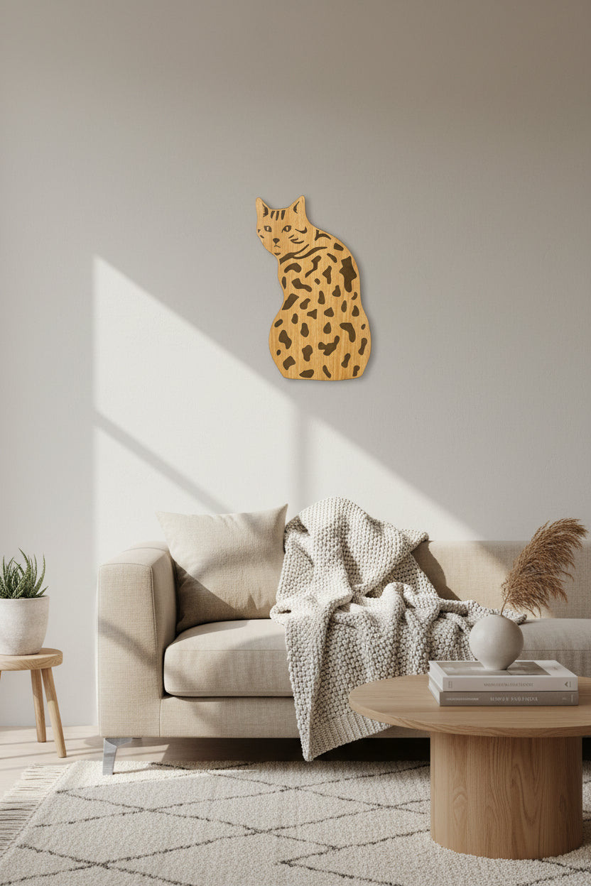 Living room with a beige sofa, wooden coffee table, and decorative wall art of a cat.