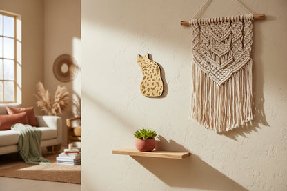 Living room with a macrame wall hanging, plant, and shelf.