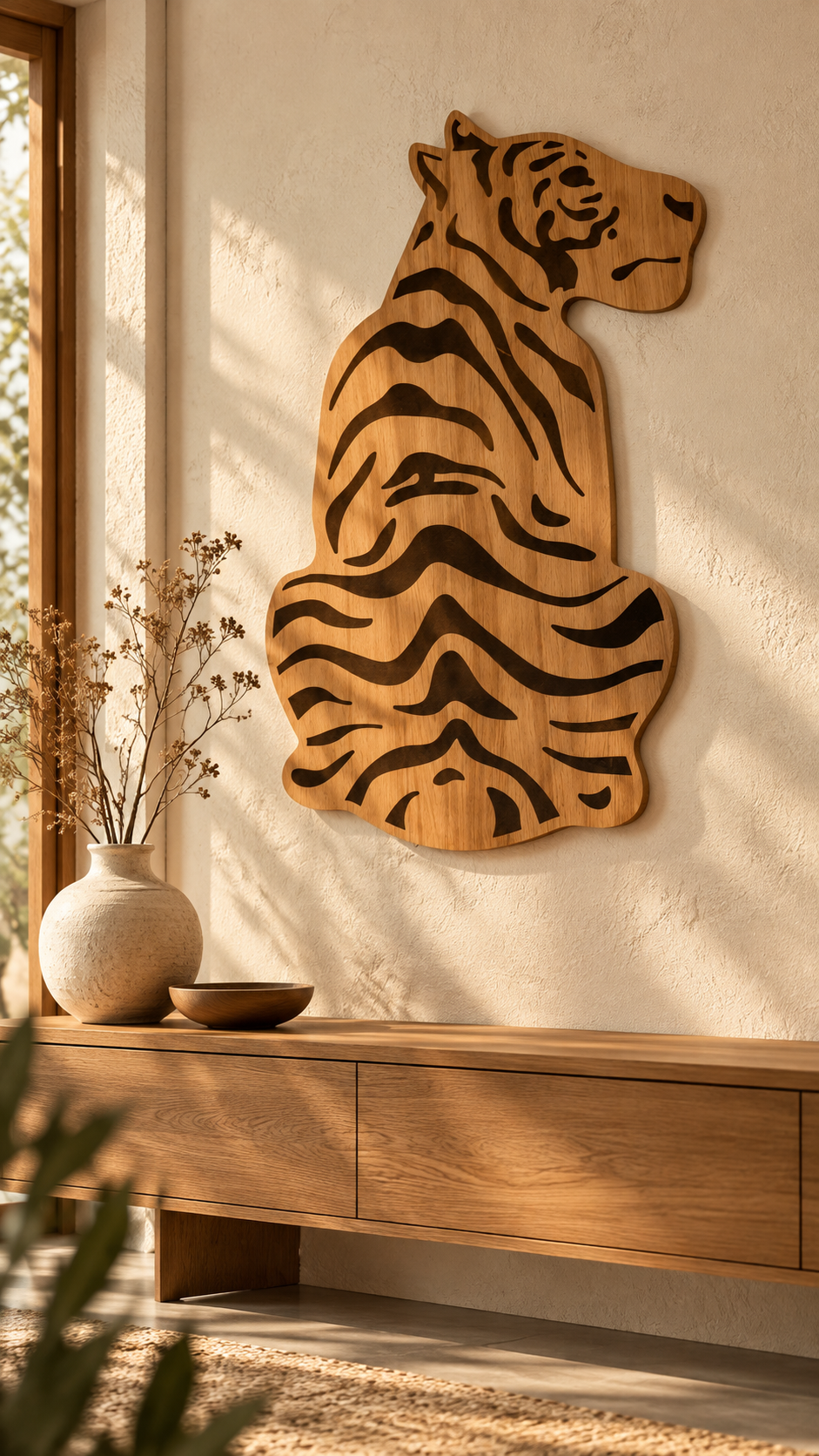 Laminated MDF - Premium Wooden Tiger Wall Hanging – Engraved Stripe Design | Natural Wood Finish