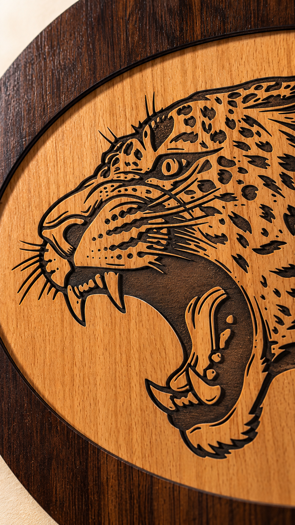 Roaring Leopard Wooden Wall Art – Premium Laminated MDF Engraved Wildlife Décor | Cozy Carvings