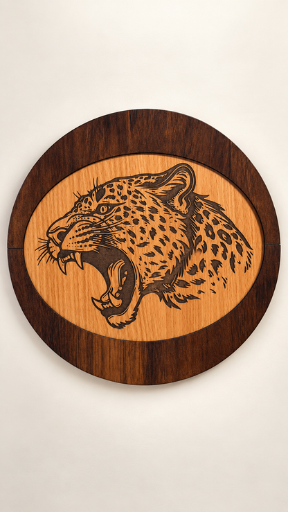 Roaring Leopard Wooden Wall Art – Premium Laminated MDF Engraved Wildlife Décor | Cozy Carvings