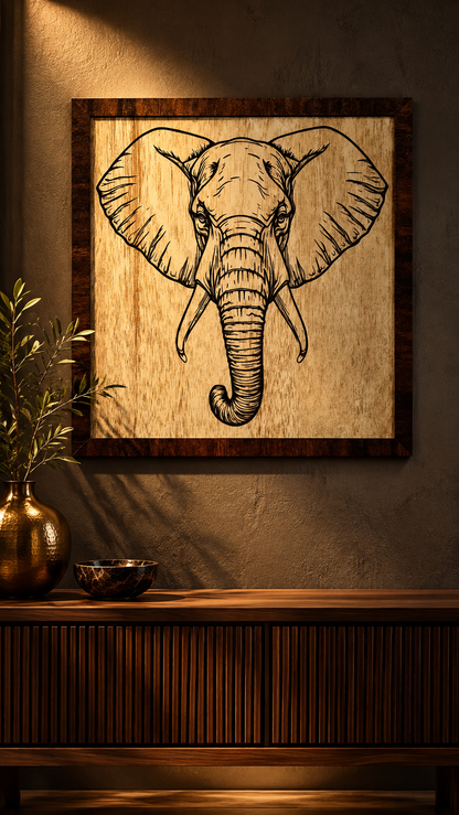 Majestic Elephant Wooden Wall Art – Premium Laminated MDF Framed Elephant Décor | 4 mm | Cozy Carvings