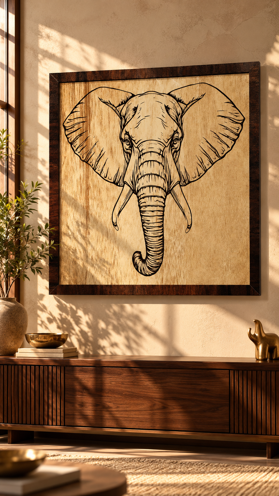 Majestic Elephant Wooden Wall Art – Premium Laminated MDF Framed Elephant Décor | 4 mm | Cozy Carvings