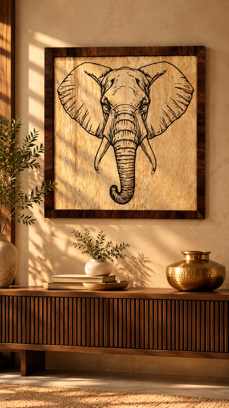 Majestic Elephant Wooden Wall Art – Premium Laminated MDF Framed Elephant Décor | 4 mm | Cozy Carvings