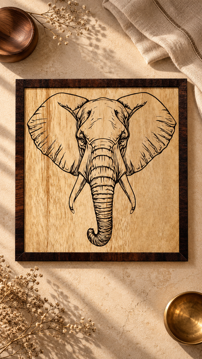 Majestic Elephant Wooden Wall Art – Premium Laminated MDF Framed Elephant Décor | 4 mm | Cozy Carvings