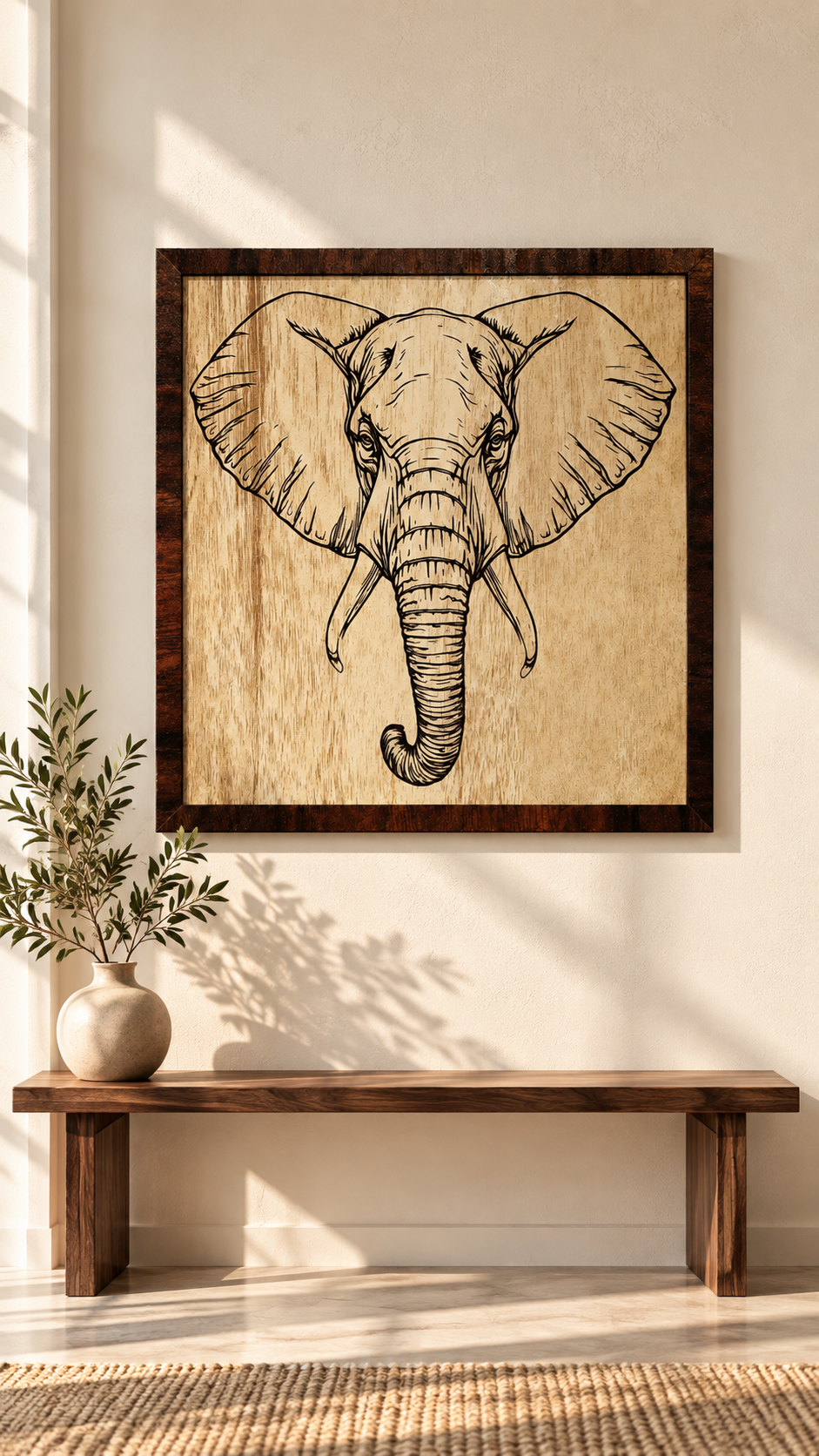 Majestic Elephant Wooden Wall Art – Premium Laminated MDF Framed Elephant Décor | 4 mm | Cozy Carvings