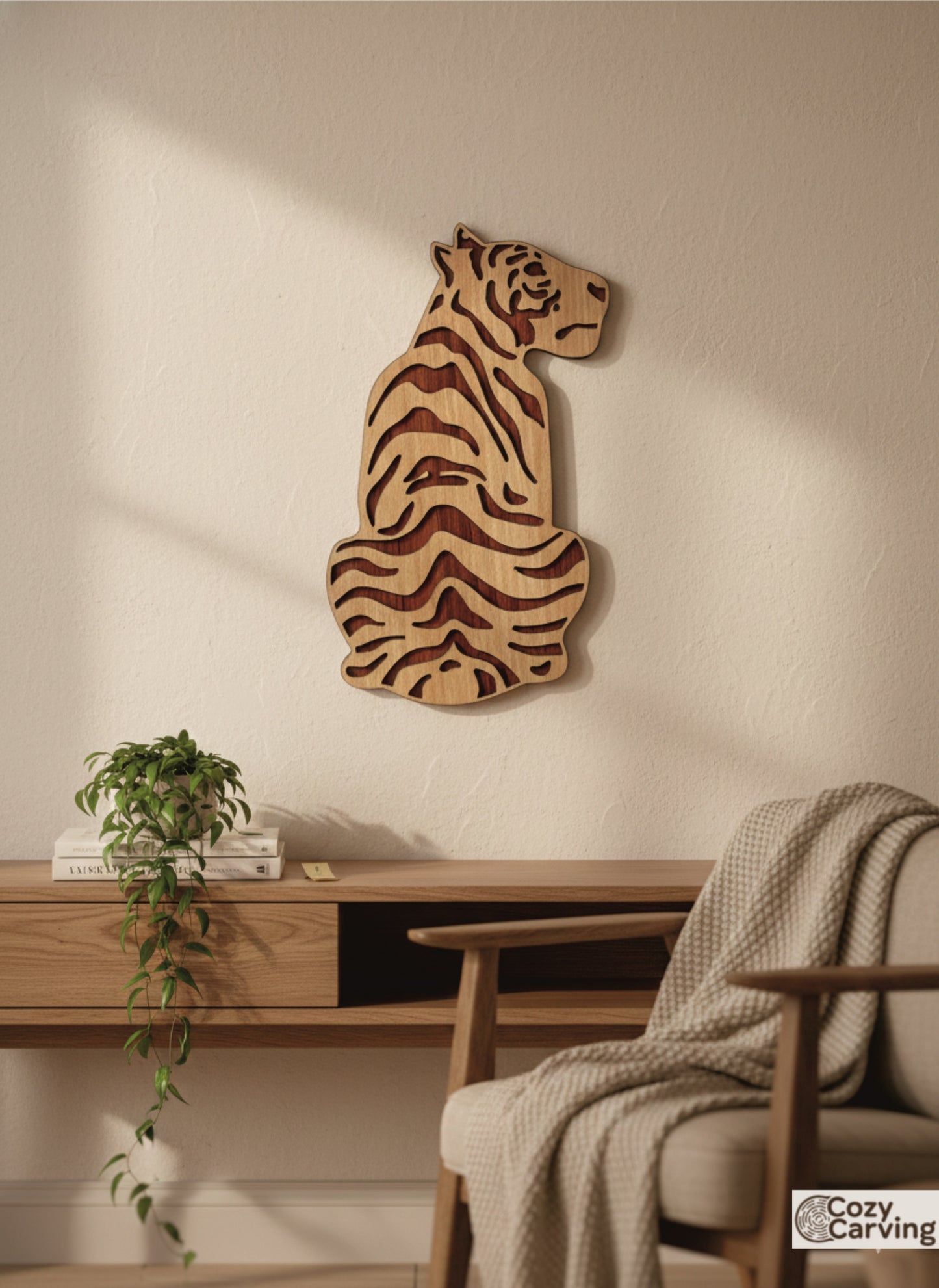 2 Layered Premium Laminated MDF Wooden Tiger Wall Art – Dual-Tone Engraved Design | CNC Laser Cut