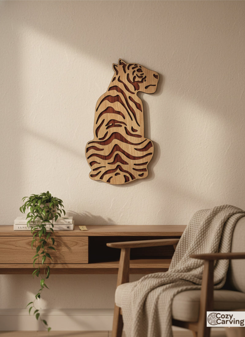 2 Layered Premium Laminated MDF Wooden Tiger Wall Art – Dual-Tone Engraved Design | CNC Laser Cut