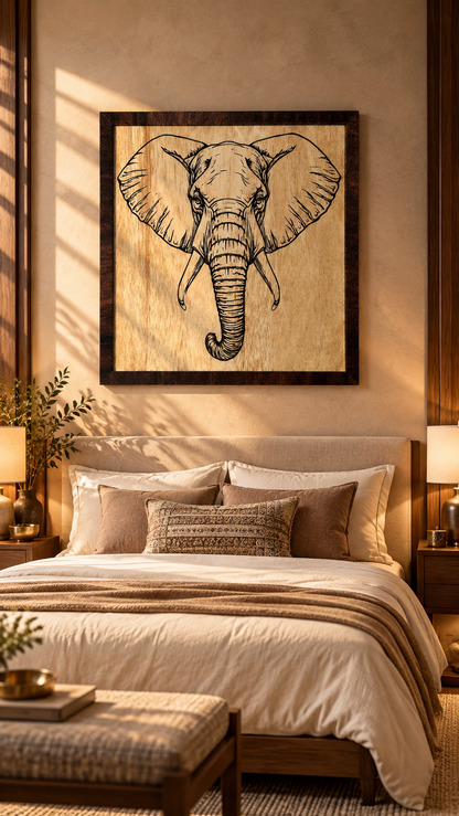 Majestic Elephant Wooden Wall Art – Premium Laminated MDF Framed Elephant Décor | 4 mm | Cozy Carvings